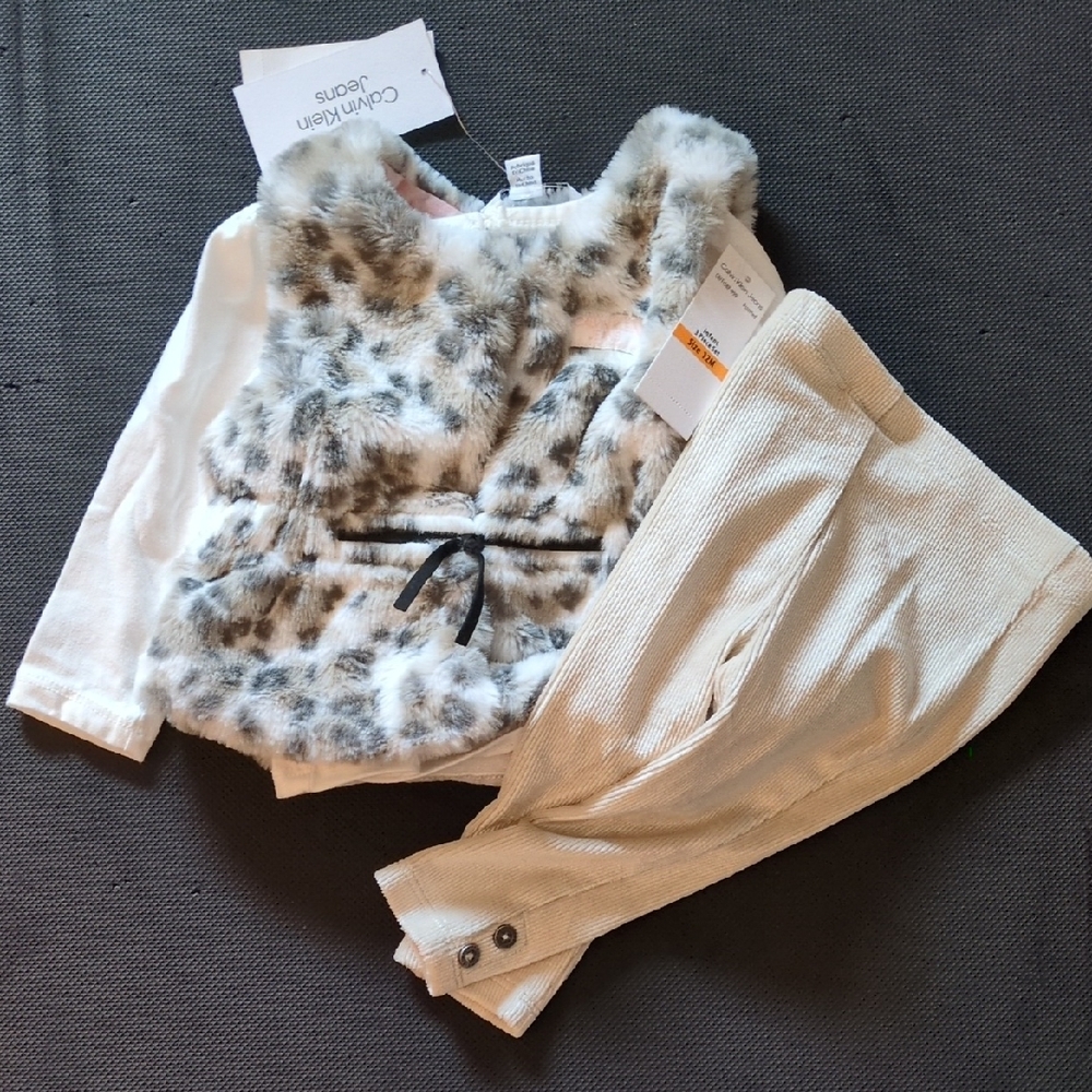 Calvin Klein Jeans Infant 3 Piece Set- Faux Fur Vest And Corduroy Pants NWT